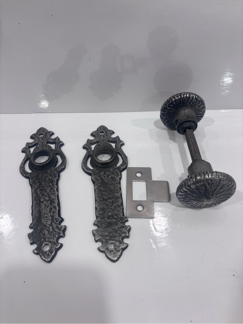 Vintage style ornate Victorian door knob set metal backplates antique